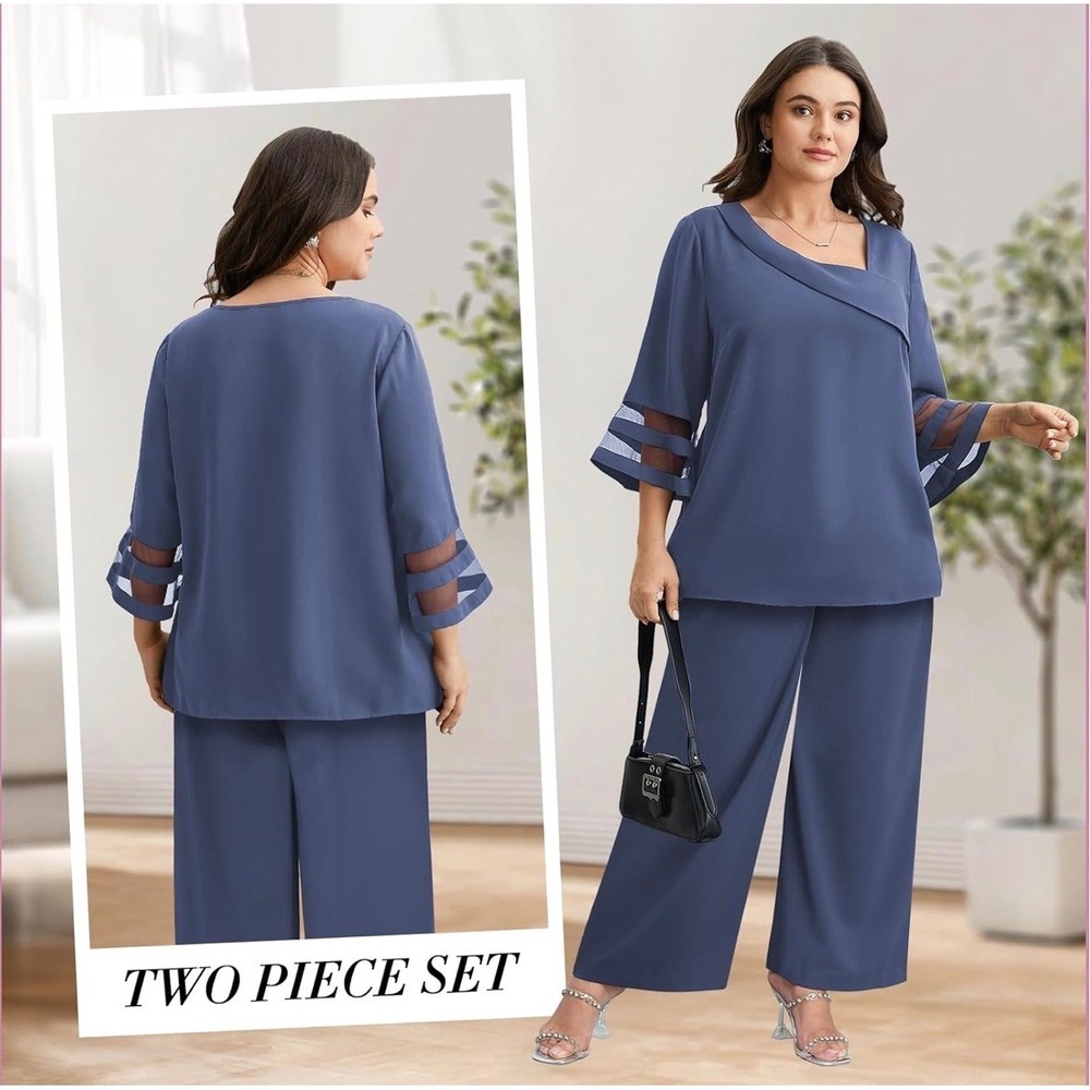 AOVDE Women Plus Size 22 Blue Two Piece Set Asymmetrical Top‎ Wide Leg Pants NEW